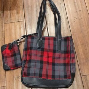 Coach Red Plaid Skinny Tote and Zip Coin Purse